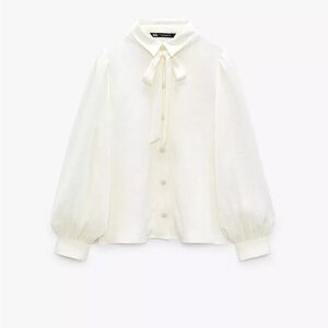 Zara Cream Bow-Tie Button Down Blouse with Puff Sleeves